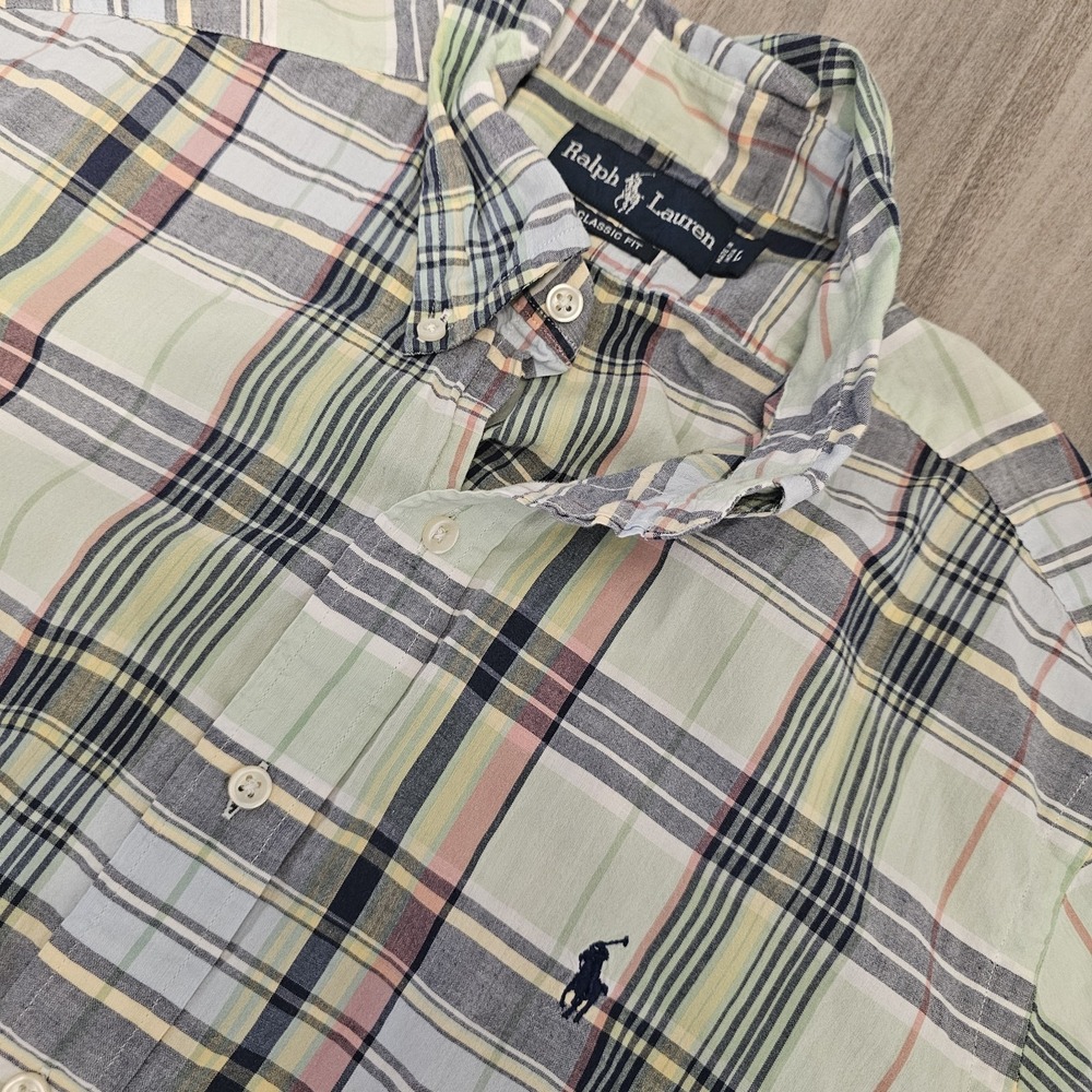 Ralph Lauren Shirt Mens Large Short Sleeve Button Front Classic Fit Madras Plaid